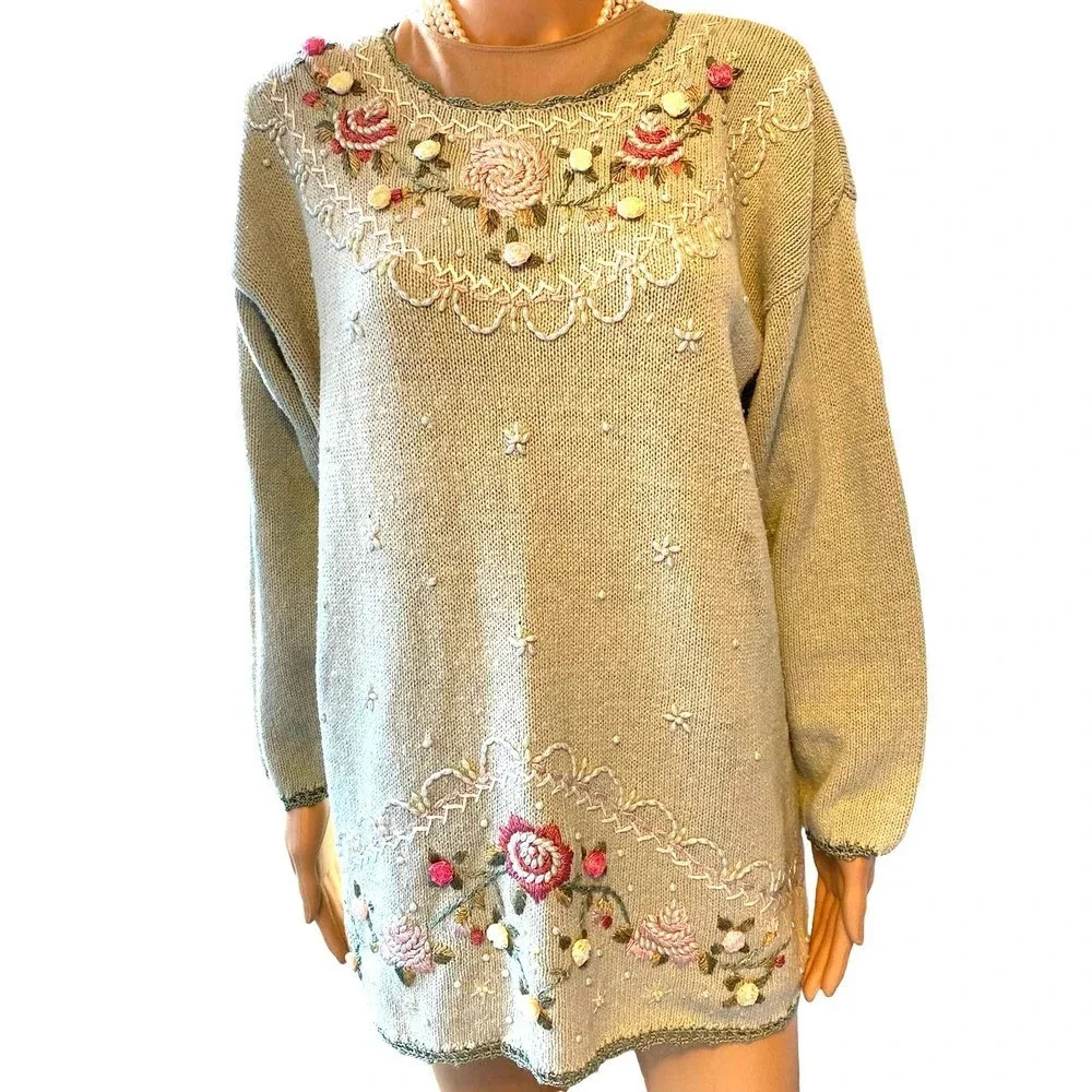 Vintage Y2K Shenanigans Beads Floral Embroidery Knit Sweater Woven Size M-L